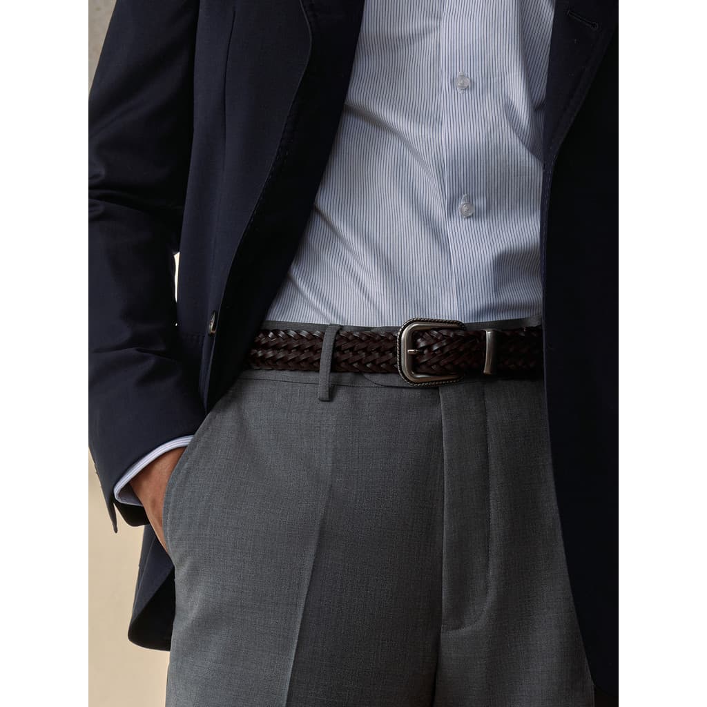 ThomWills Cinto masculino tecido à mão couro genuíno sem perfuração marrom retrô Casual cinto ajustável