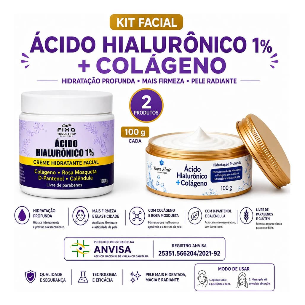 Creme Facial Com Acido Hiluronico + Colageno 100 Ml Kit 2
