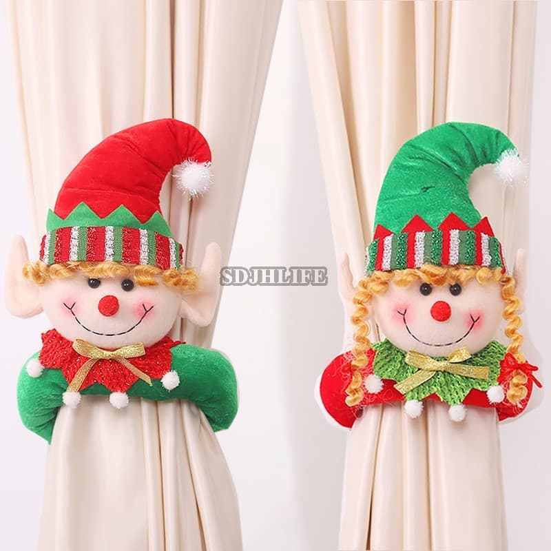 2025 Cortinas De Natal De Elfo De Casal De Desenhos Animados-Decoração De Casa De Janela Para Atmosfera De Férias