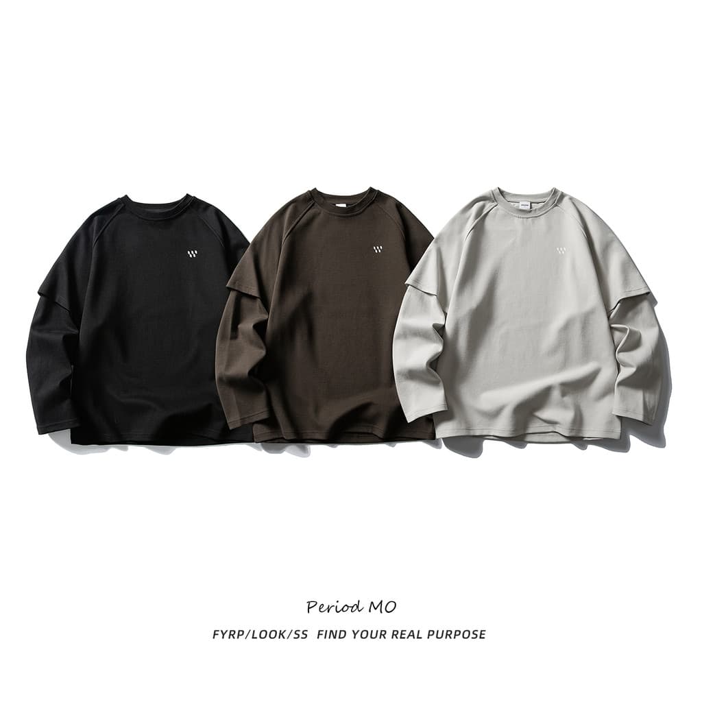 FYRP Momo Japonês Retro Cor Sólida Gola Redonda Falso Camiseta de Manga Comprida de Duas Peças Masculina Solta Bordada T