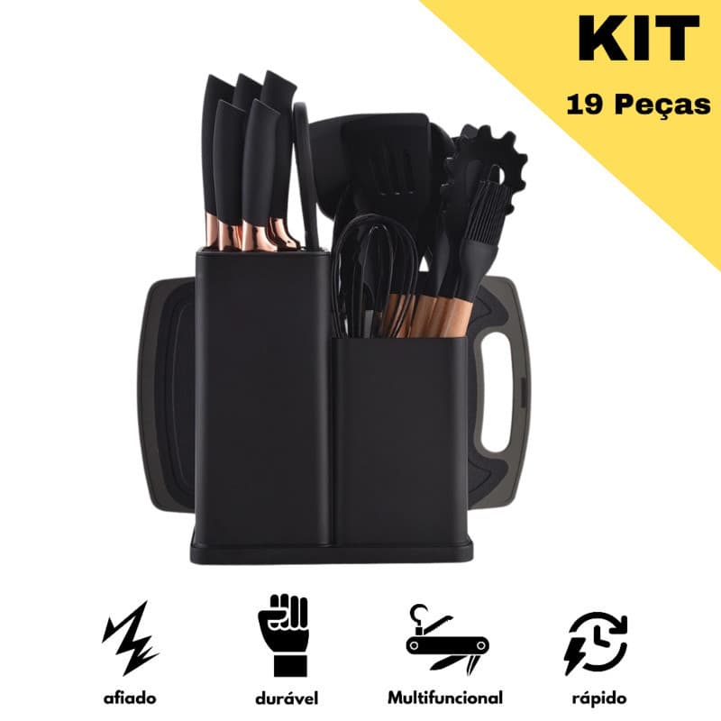 Kit 19 Peças Jogo de Utensílios Para Cozinha em Silicone Com Cabo de Madeira Completo