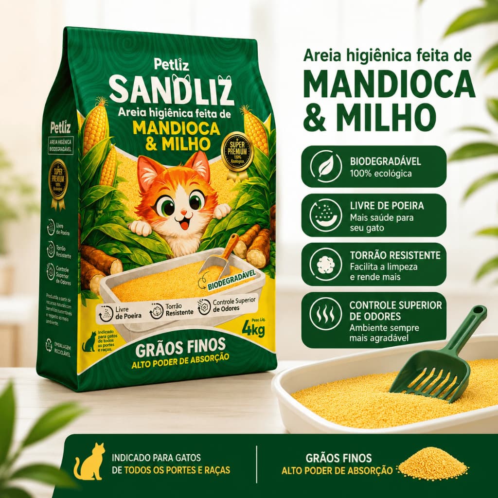 4kg Areia de Gato Ecológica Milho Premium Sem Cheiro Alto Rendimento Sem Poeira Grãos Finos Torrão