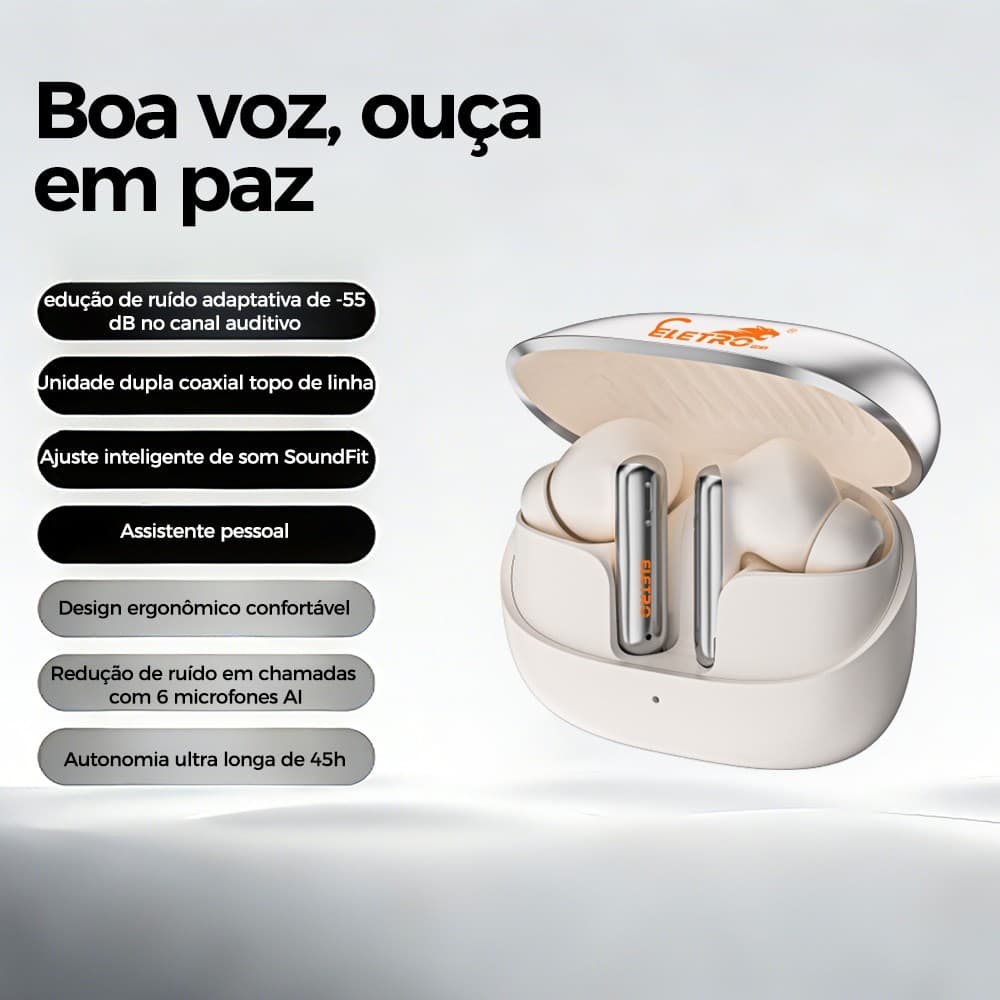 Eletromex Fone TWS com Cancelamento‑55dB, Versão Bluetooth 6.0, Áudio de Qualidade e Bateria de Longa Duração