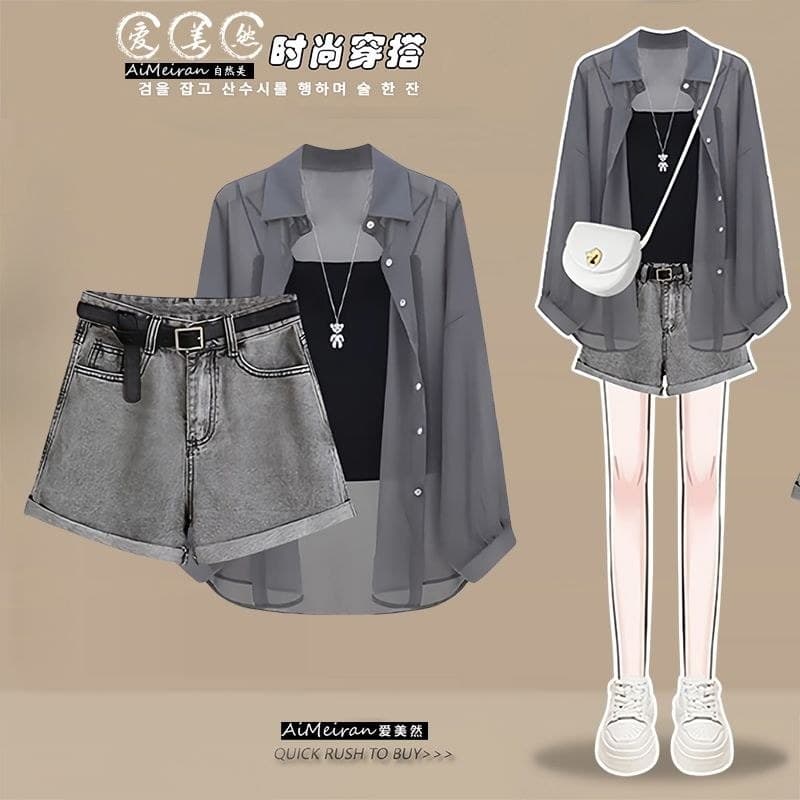 Terno feminino 2026 tamanho grande usar protetor solar Chiffon camisa estilingue mais magro olhar Denim Shorts terno de