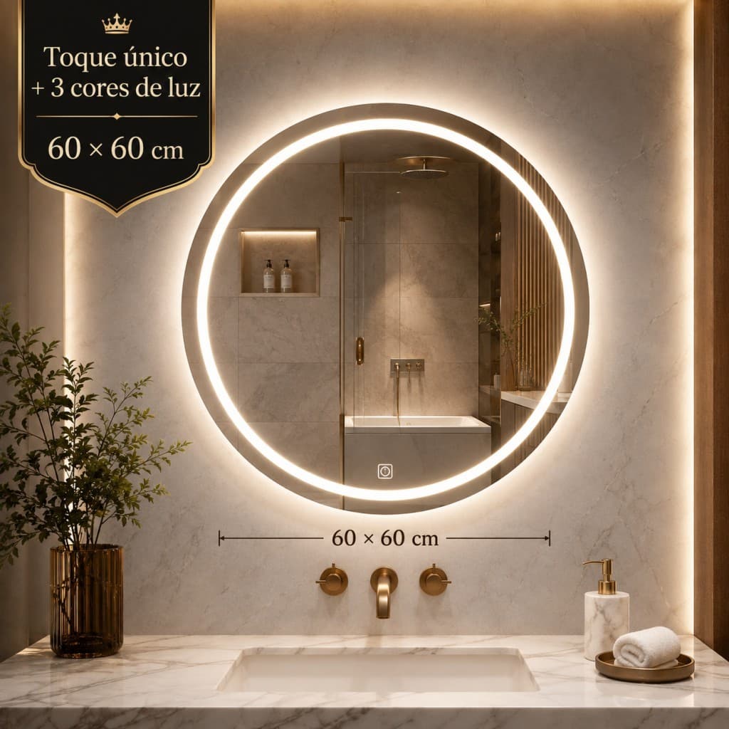Espelho Redondo Lapidado 3 Cores Com LED Para Maquiagem Banheiro Quarto Decoração Moderna Quarto Sala Banheiro