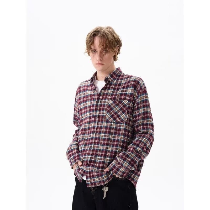 Camisa escovada xadrez masculina de manga comprida versão coreana na moda rufião bonito camisa interna High-End roupas m