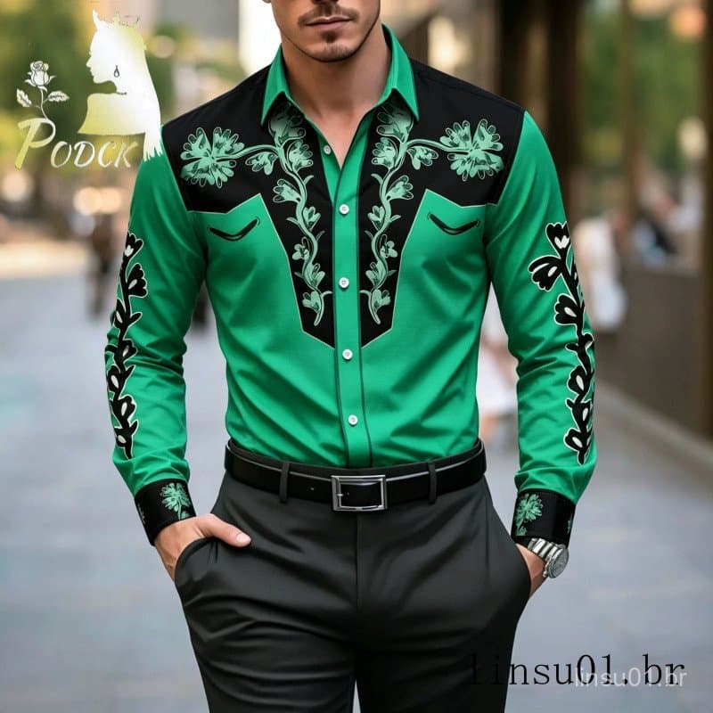 Europeu americano Retro planta impressão camisa masculina costura de manga comprida topo tamanho grande roupas masculina