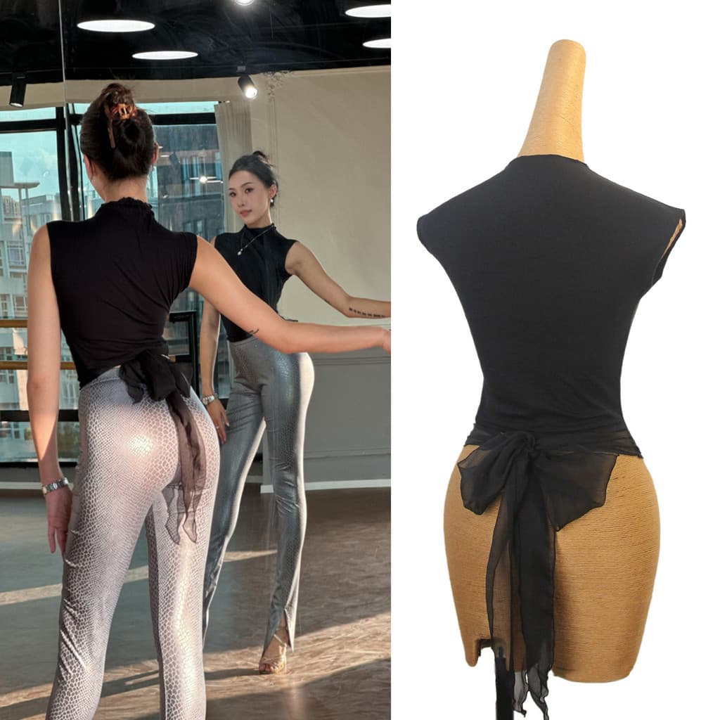 Dança latina dança moderna respirável absorvente de suor pequeno pescoço alto manga curta prática terno dança macio e co