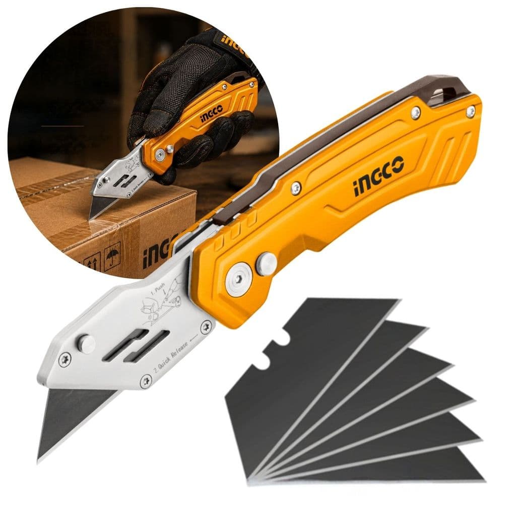 Estilete Dobrável INGCO Alumínio Profissional 61x19mm com 6 Lâminas Trapezoidais para Corte