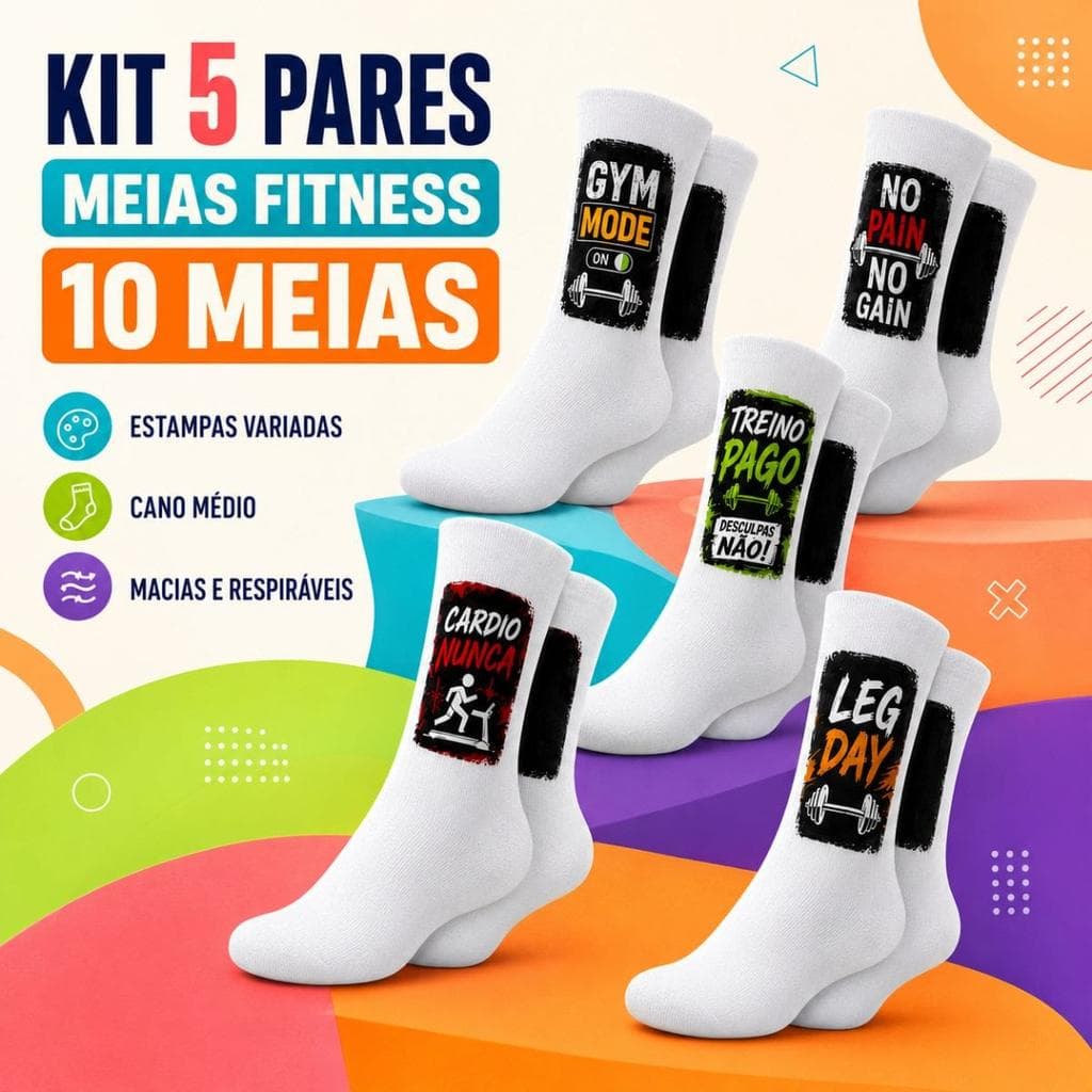 KIT 5 PARES DE MEIAS FITNESS BRANCAS – ESTAMPAS VARIADAS – ENVIO ALEATÓRIO