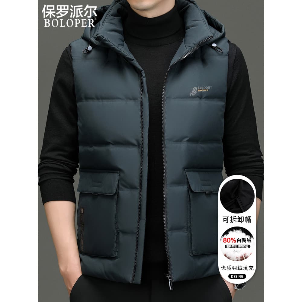 Paul para baixo colete masculino inverno com capuz exterior sem mangas colete masculino de meia-idade jaqueta quente cor