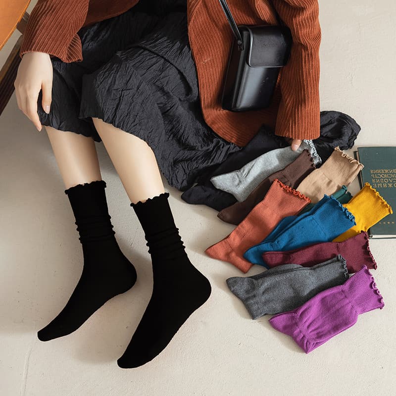 Meias de renda preta femininas tubo médio outono inverno puro algodão fungo borda absorvente de suor confinamento All-Ma