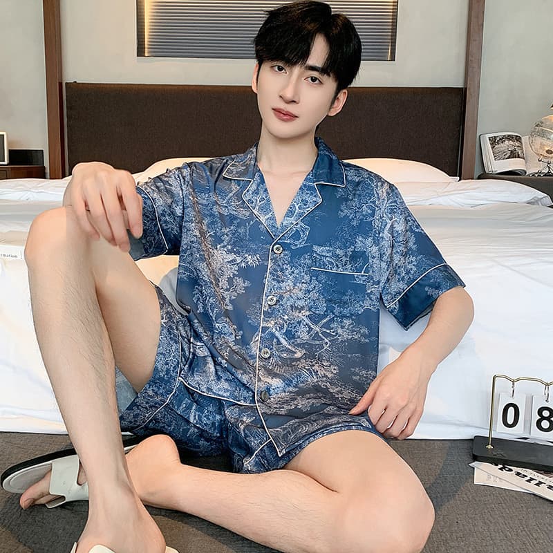 [Novo produto] pijamas de cetim masculino primavera outono seda gelo High-End impressão de tinta estilo chinês masculino