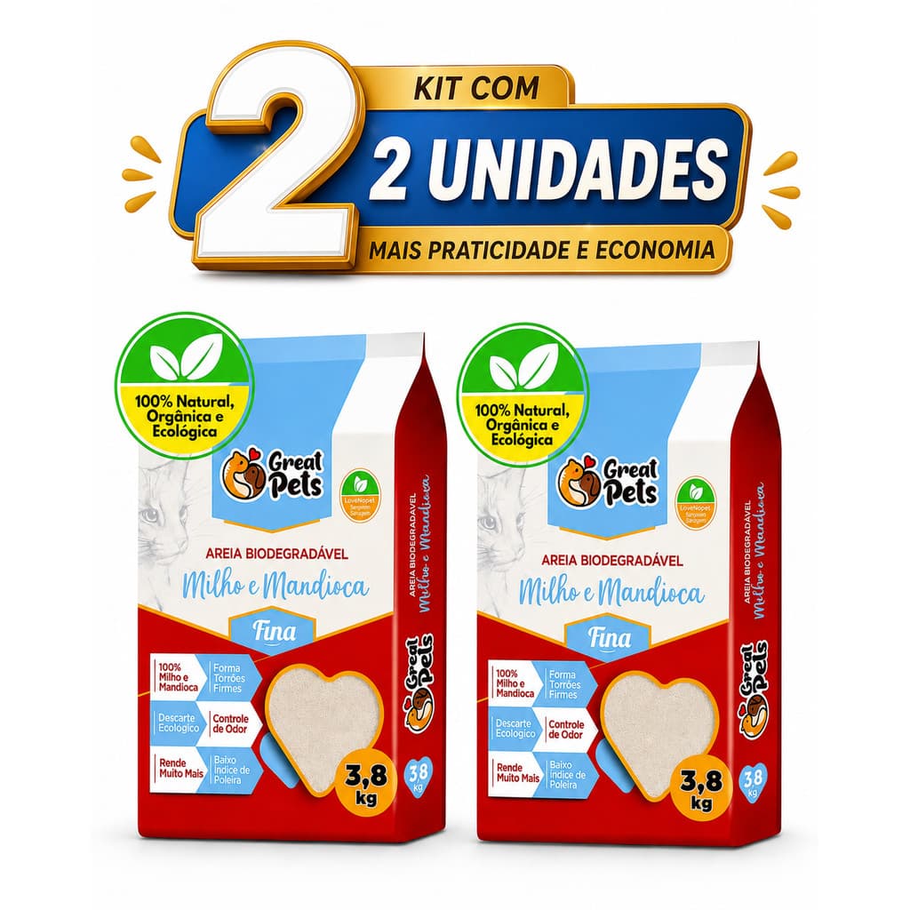 Kit 2 Areias Higiênicas Biodegradáveis Finas 3,8kg Gatos pet
