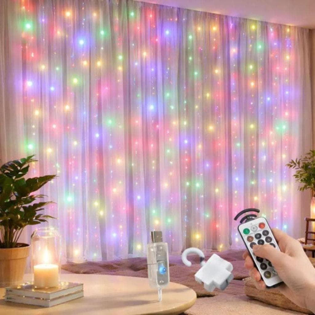 Cortina Led Fio De Fada Colorida 3x3M  300 LEDs Com Controle Usb BIVOLT