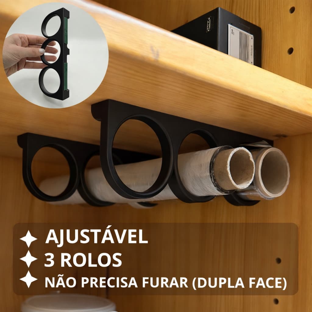Suporte Organizador de Rolos Ajustável 3x Porta Papel Alumínio Filme PVC Cozinha Sem Furo Armário