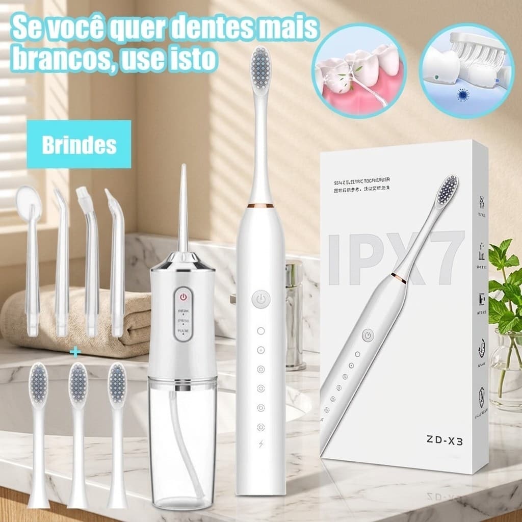 Escova Sônica Anti Tártaro e Irrigador Bucal Portátil USB para Cuidado Completo