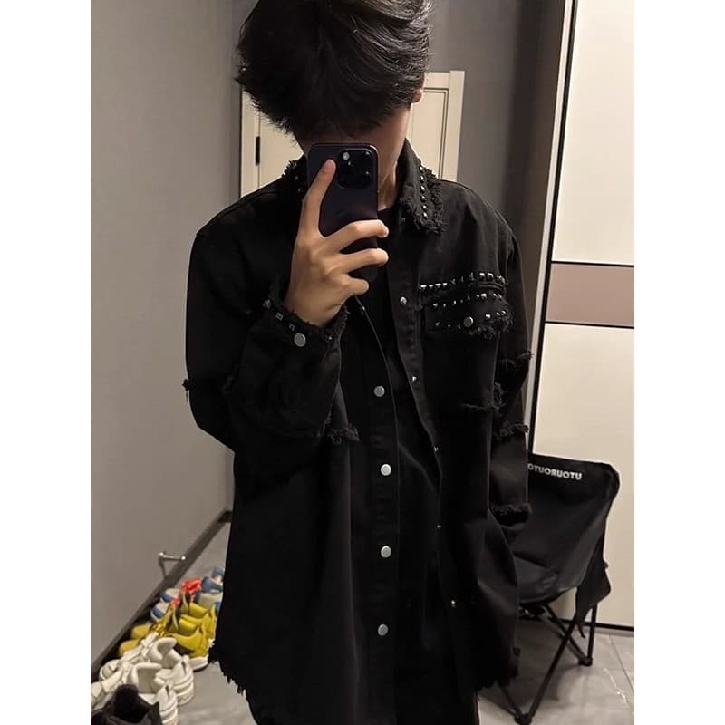 Cleanfit curto rebites desgastados jaqueta jeans masculina Metal Punk Design sentimento usar jaqueta jeans