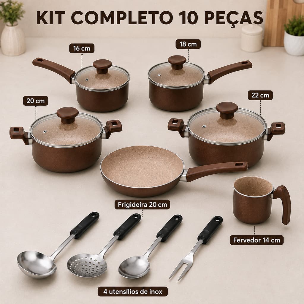 Jogo com 10 Peças Completo Panelas Antiaderente Wok com Utensilios de Cozinha