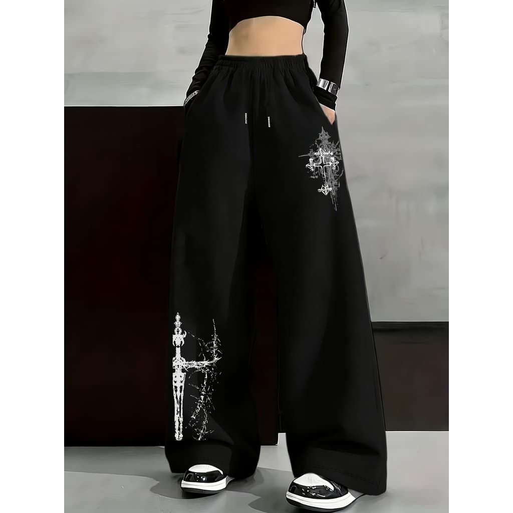 Calça Feminina Y2K Streetwear com Estampa Abstrata de Cruz Calça Retro Wide Leg Bolso Baggy Reta