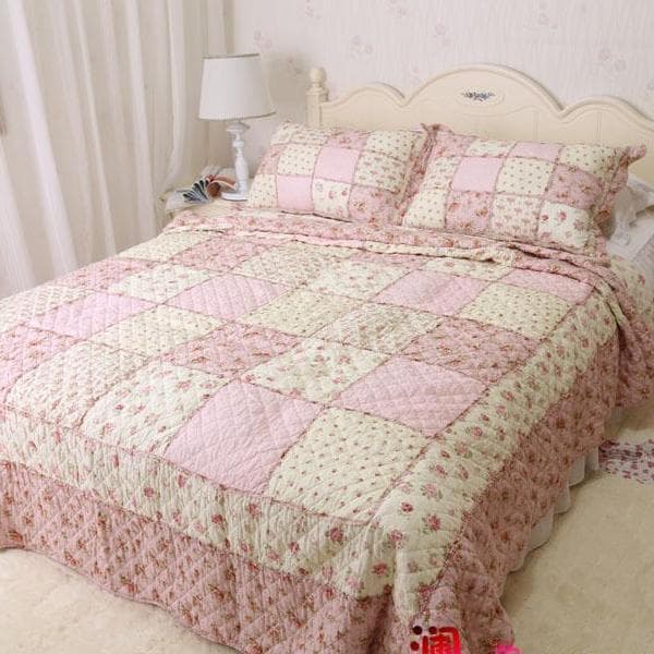 Rosa Pastoral acolchoado colcha conjunto de três peças puro algodão coreano capa de cama retalhos lavado acolchoado lenç