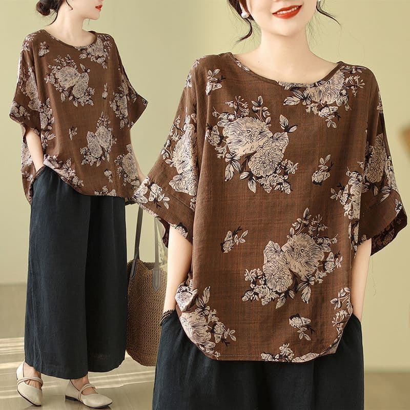 Novo estilo de linho de algodão Plus Size feminino impresso camiseta verão manga curta mangas étnicas olhar Retro mãe so