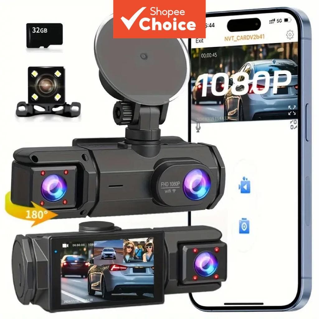 Dash Cam WIFI De Três Canais Tela Ips Grande Angular G-sensor Loop Record Visão Noturna Detecção De Movimento