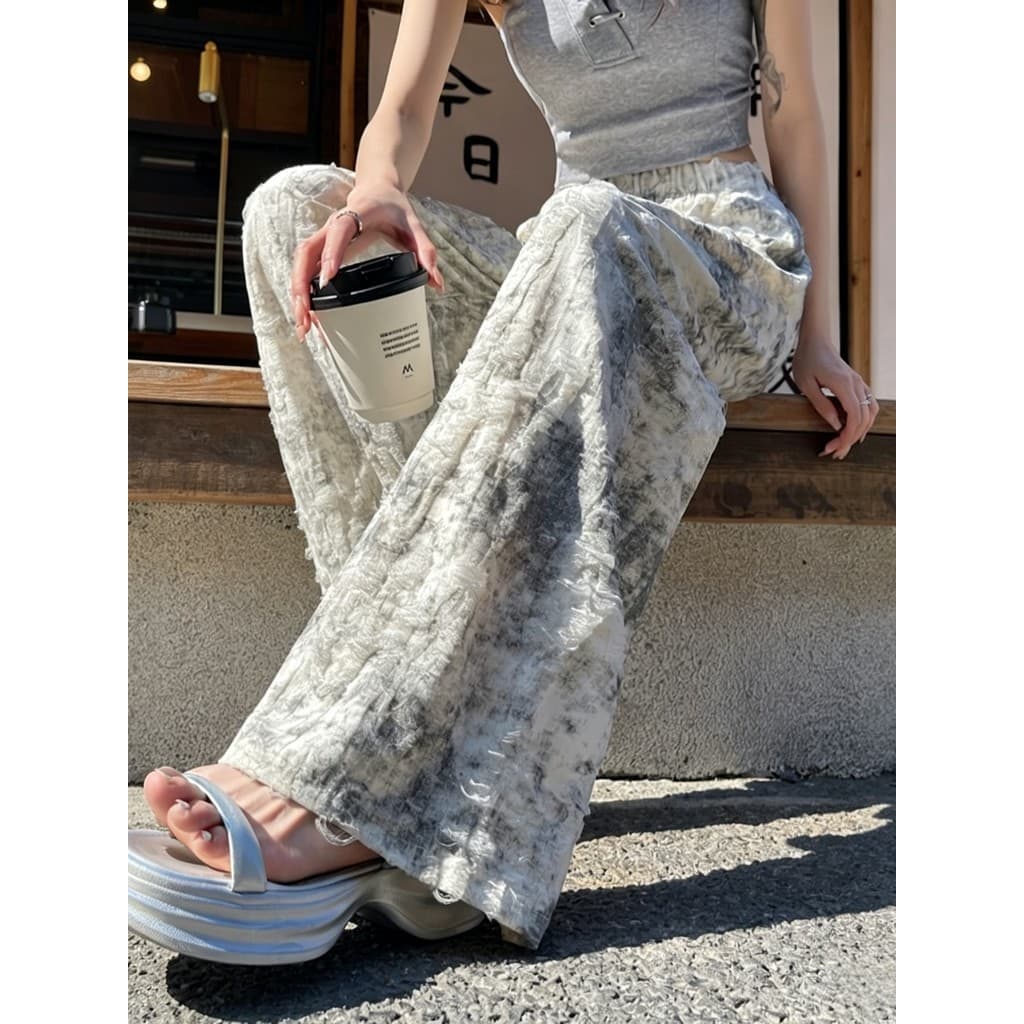 Tie-Dye rasgado calças de perna larga feminino verão fino pequena versão estreita cintura alta solta mais magro olhar em