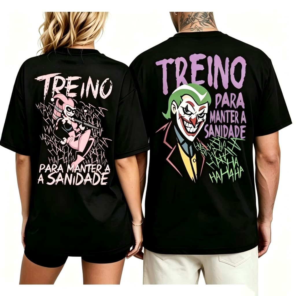 2pcs kit Preto1 Camiseta casual de mangas curtas, 100% algodão, com estampa de Harley Quinn para casal, corte folgado