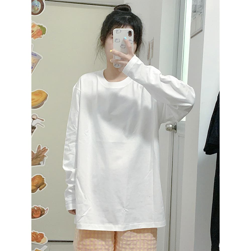 Camiseta feminina de manga comprida branca de algodão puro primavera outono forro superior solto primavera outono em cam