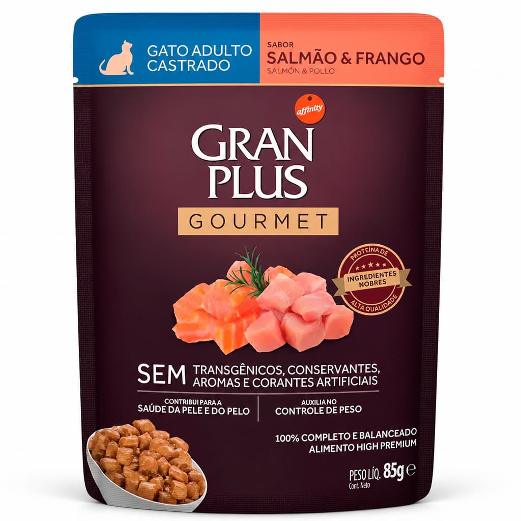 Sachê GranPlus Gourmet Gato Castrado Sabor Salmão e Frango 85g Alimento Úmido Completo para Gatos Adultos