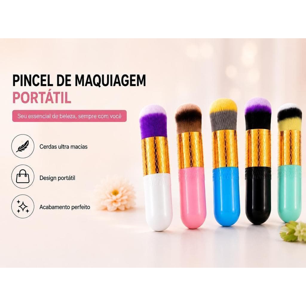 Pincel de Maquiagem Portátil, Cerdas Macias, Compacto e Multifuncional – 5 Cores