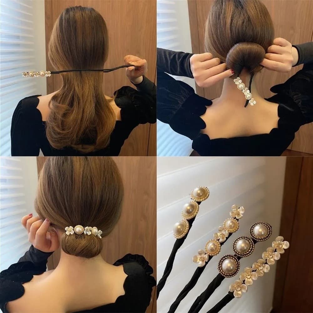 Modelador de coque, bastão modelador de cabelo, modelador de cachos prático, presilha de cabelo popular com flor e pérol