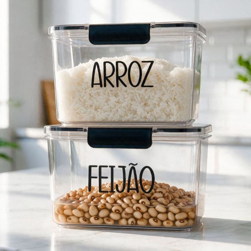 Kit Organizador Arroz e Feijão de Geladeira 1,9L - Pote Hermético com Etiqueta | Avulso ou Kit