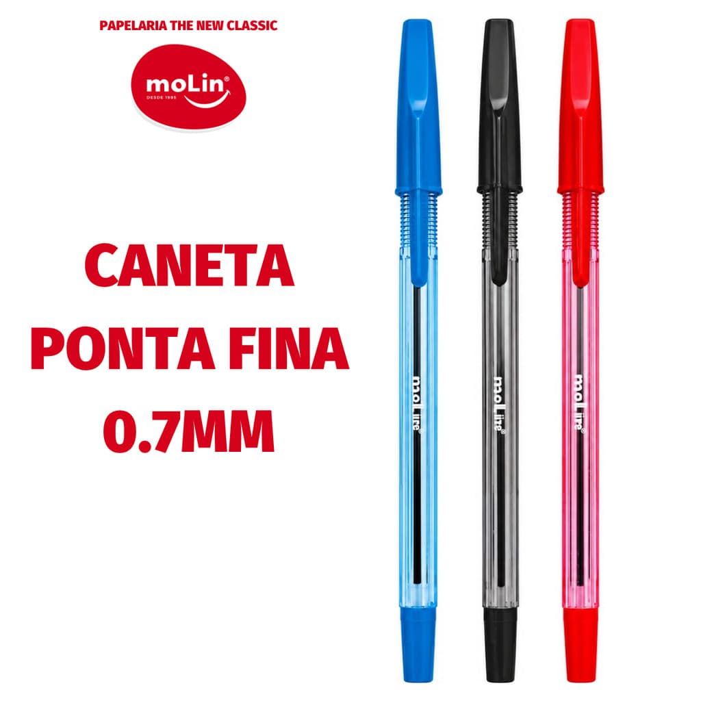 Kit Caneta Molin Ponta Inox Corpo Transparente Ponta Fina 0.7mm Translúcido