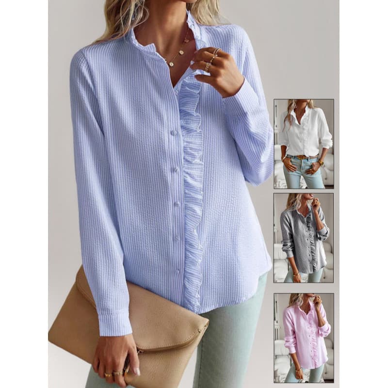 Roupas femininas europeias americanas 2026 primavera nova camisa Cardigan babados manga comprida Puff topo feminino