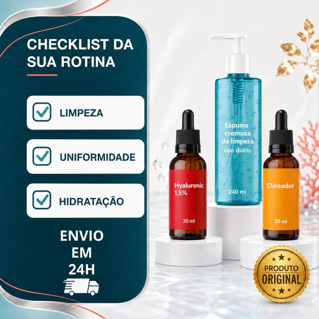 Kit Skincare Facial 3 Etapas: Espuma de Limpeza 240ml + Sérum Clareador 30ml + Ácido Hialurônico 1,5% 30ml