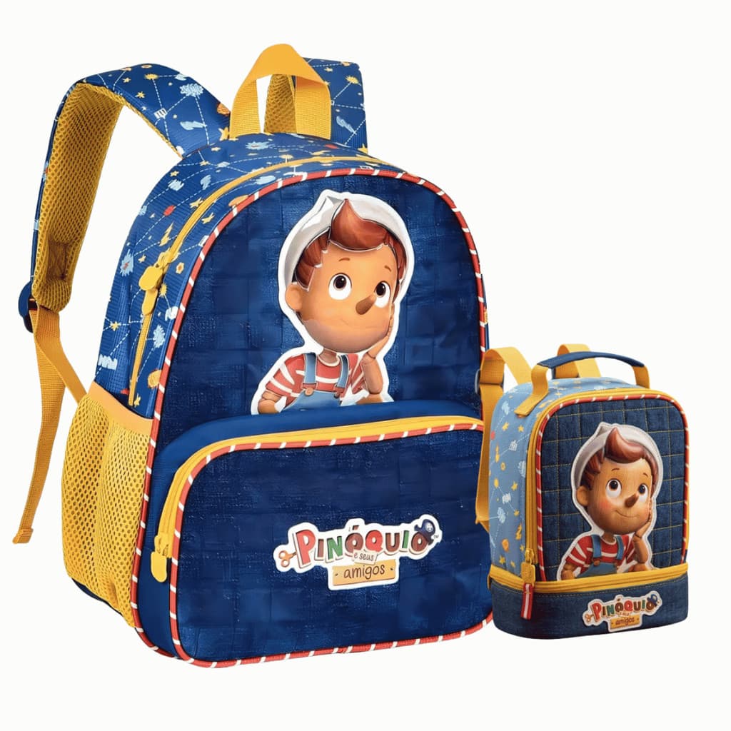 Kit Infantil Mochila e Lancheira Pinóquio Jeans