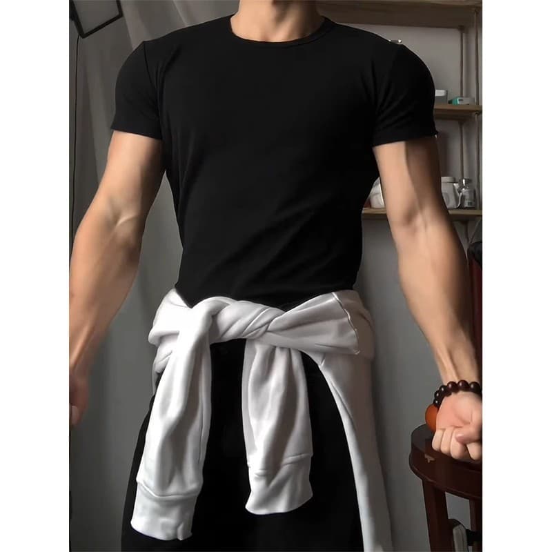 Verão europeu americano masculino muscular esportista Fitness esportes camiseta americano em torno do pescoço estirament