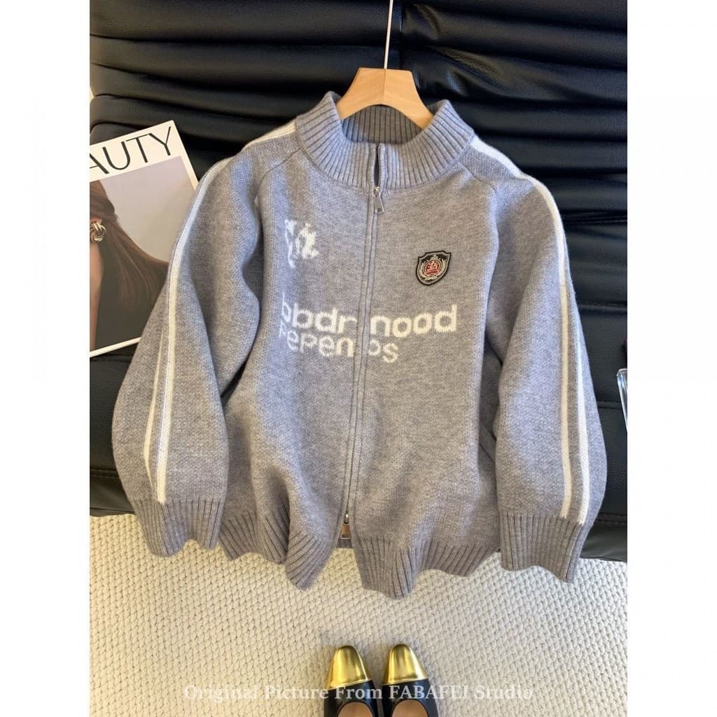 Estilo Preppy emblema carta camisola jaqueta feminina gola alta outono pequeno uniforme de beisebol topo preguiçoso rela