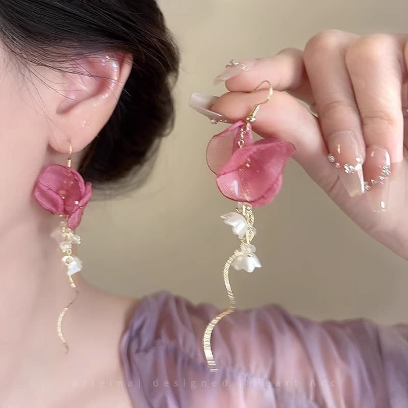 Brincos de borla de flor de tule rosa feminino estilo férias francesas brincos longos Design exclusivo brincos exagerado