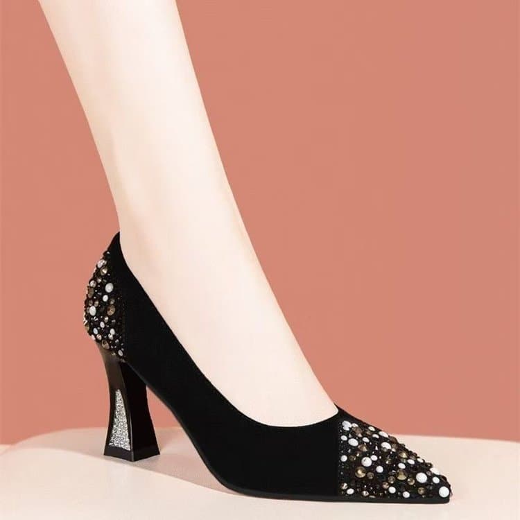 Strass sapatos de salto médio salto alto apontou Toe salto grosso Nubuck sapatos de couro confortáveis