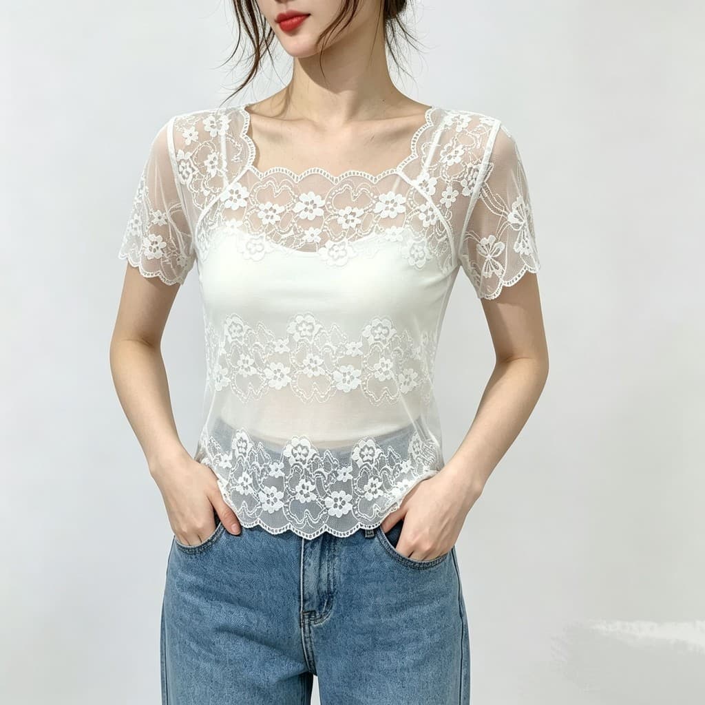 Blusa de gaze de renda estilo suave feminina gola quadrada manga curta curta Slim fit perspectiva em camadas Top interno