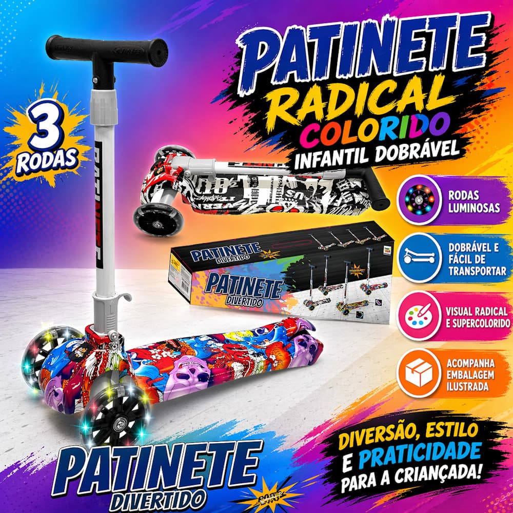 Patinete de Metal Luzes 3 Rodas Ajuste Altura Meninas e Meninos Rosa Azul Preto até 45kg