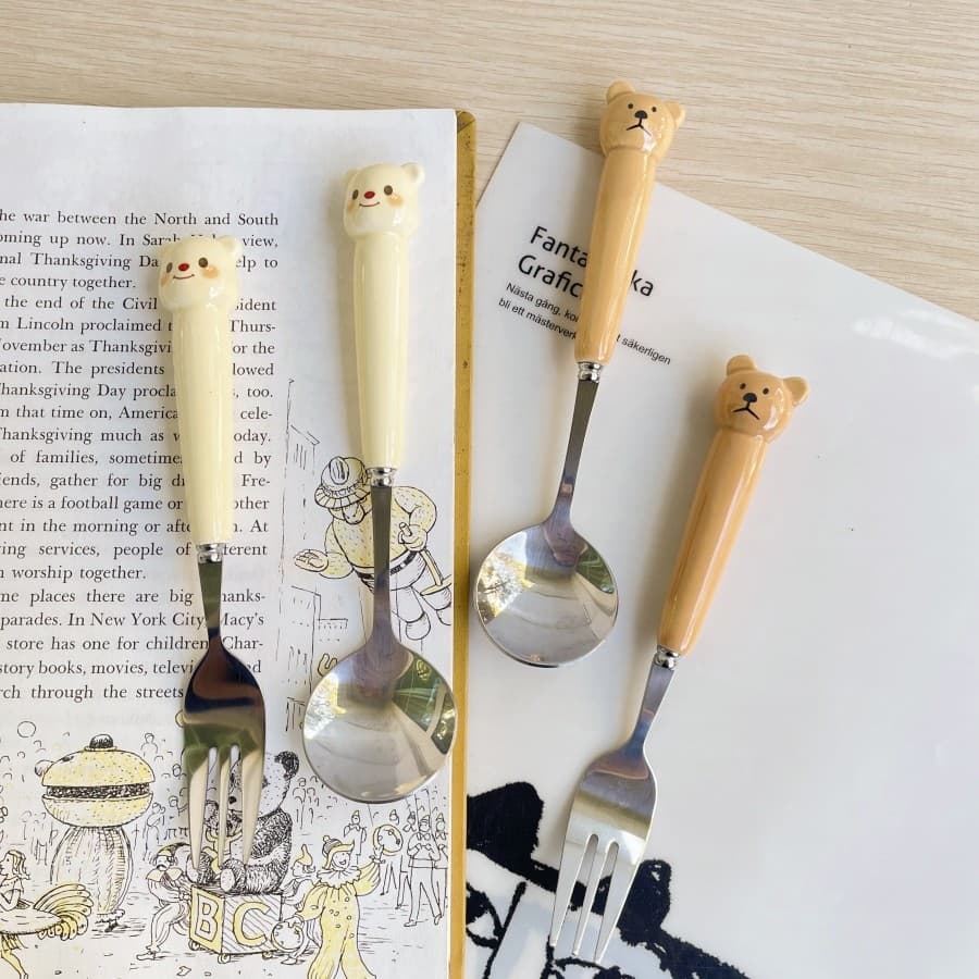 Departamento de gatos mantimentos leite Huhu macio bonito urso alça cerâmica colher de aço inoxidável garfo dos desenhos