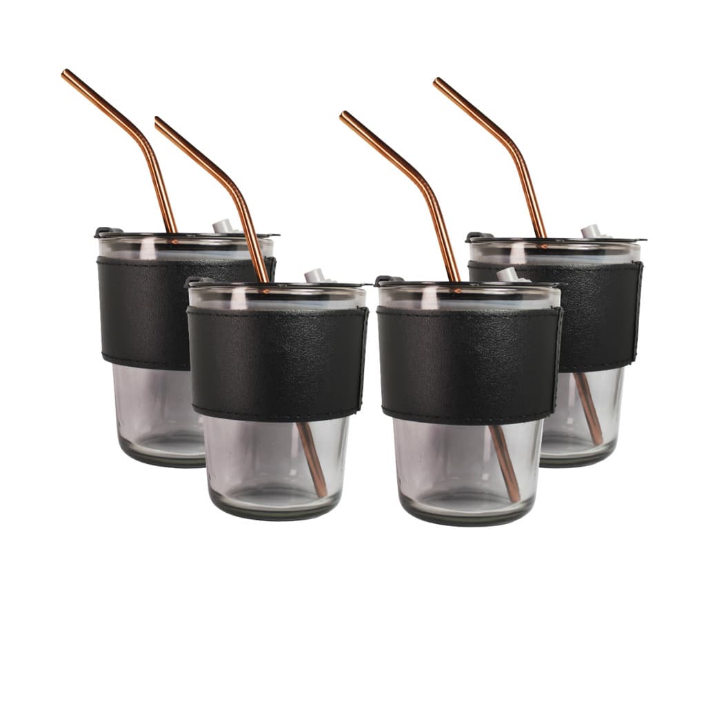 Kit 40 Copos de Vidro com Tampa, Canudo de Metal e Capinha de Couro Estilo e Sustentabilidade