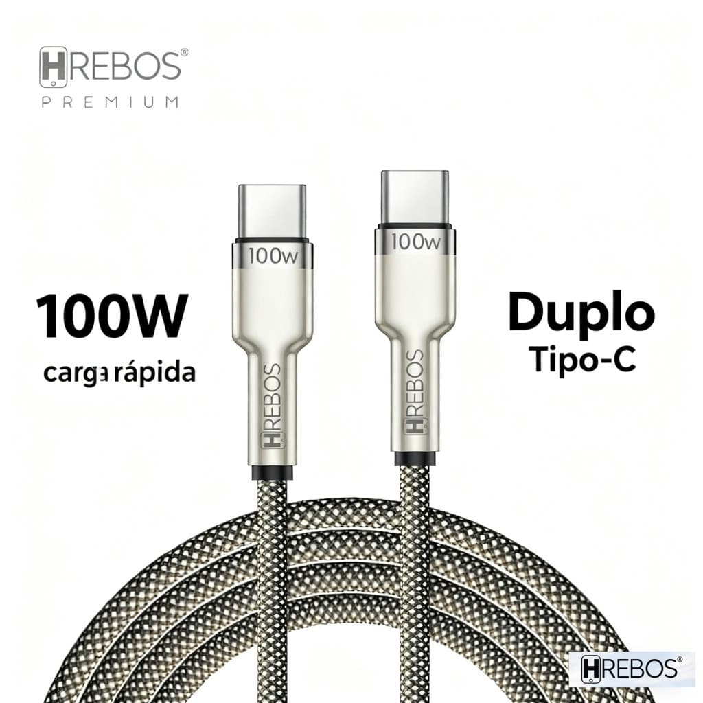 HREBOS Cabo De Carregador Duplo Tipo-C Branco/Preto 100W Pd 1/2 Metros CB-351C