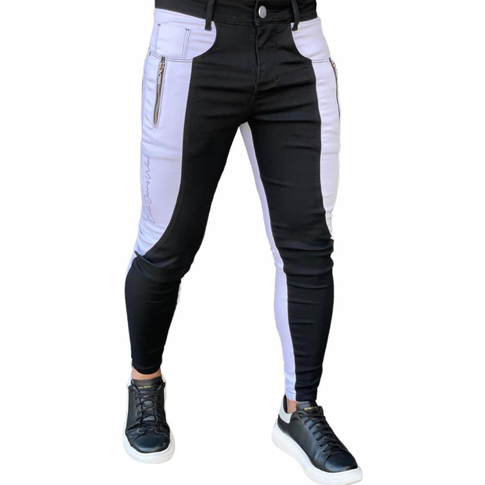 Calça Branca E Preta Bicolor Skinny Masculina Detalhe Barra Streetwear Super Skinny Codi