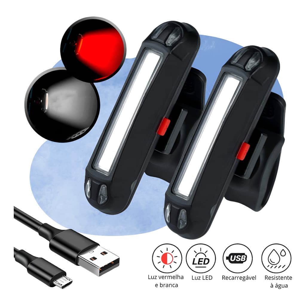 Kit 2 Lanterna Bike Traseiro Led Sinalizador Branco Vermelho Recarregável Bicicleta Preto