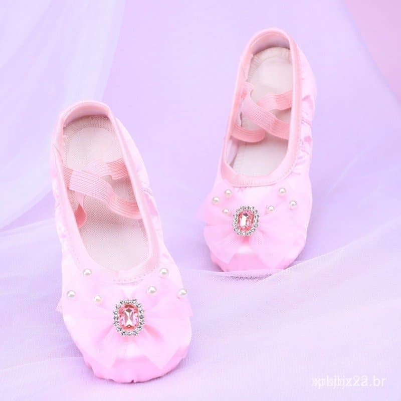 Sapatos de Balé Infantis Sapatos de Dança com Pérolas e Gemas para Meninas de Performance Sapatos de Festa QE6K